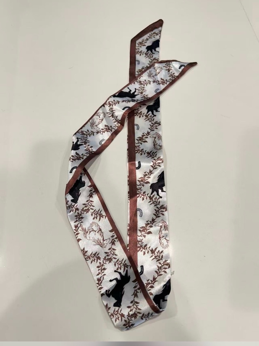 NWOT Silky White and Brown Printed Hair Scarf